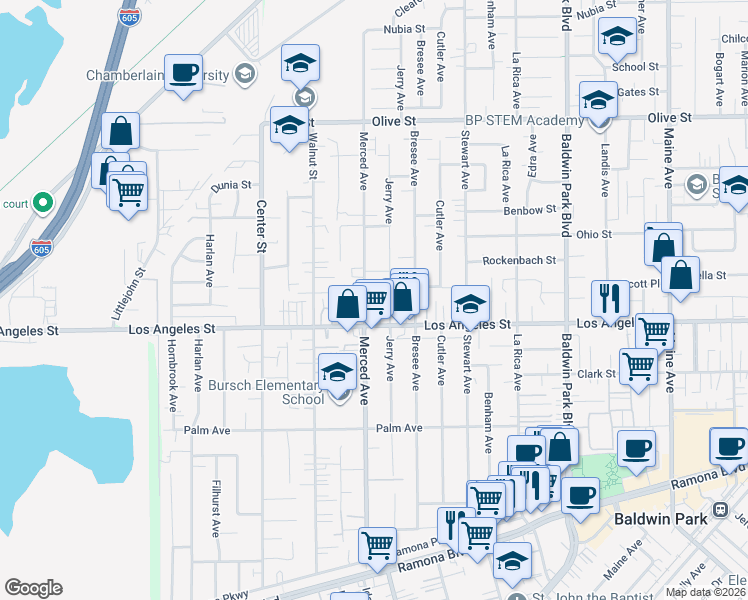 map of restaurants, bars, coffee shops, grocery stores, and more near 4454 Merced Avenue in Baldwin Park