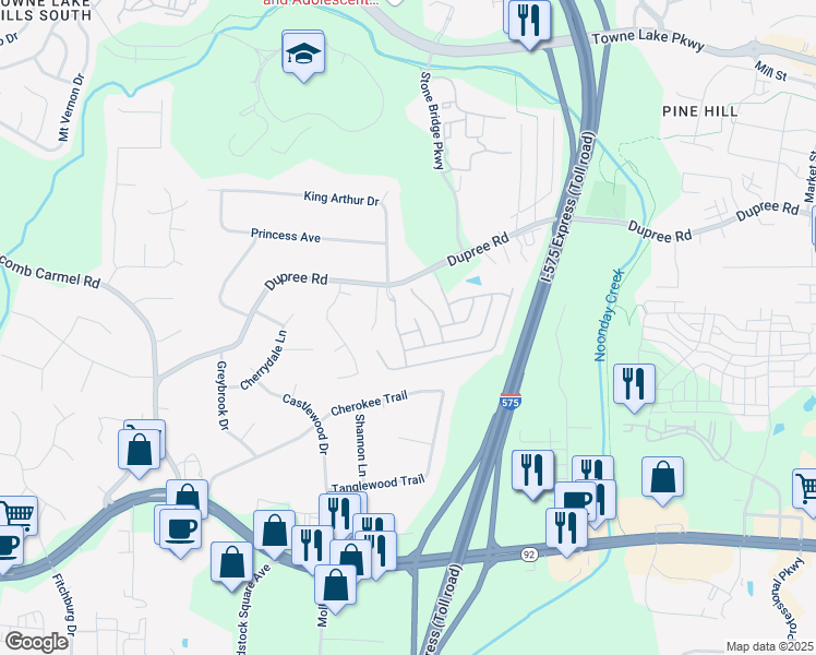 map of restaurants, bars, coffee shops, grocery stores, and more near 209 Prairie Lane in Woodstock