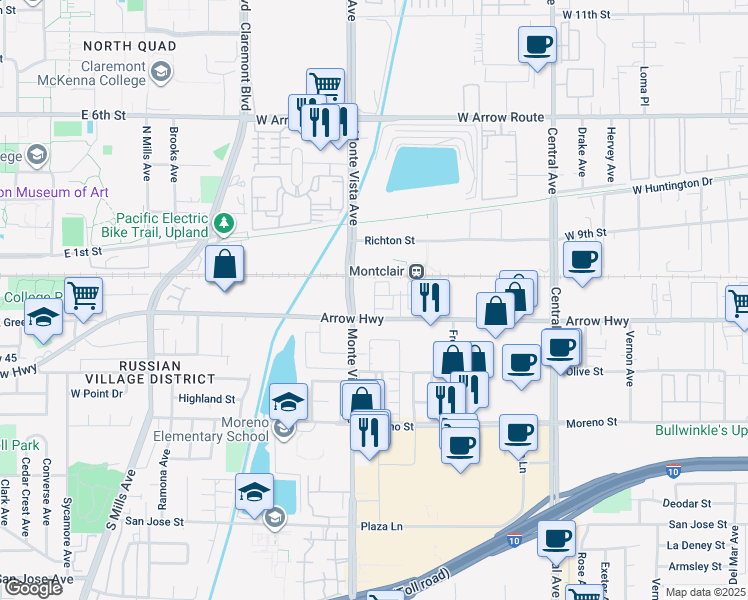 map of restaurants, bars, coffee shops, grocery stores, and more near Ash Avenue in Montclair