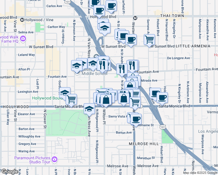 map of restaurants, bars, coffee shops, grocery stores, and more near 5657 Lexington Avenue in Los Angeles