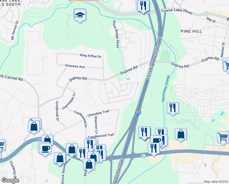 map of restaurants, bars, coffee shops, grocery stores, and more near 308 Rusty Gate Pass in Woodstock