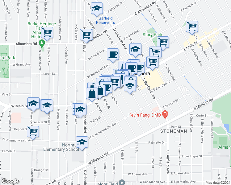map of restaurants, bars, coffee shops, grocery stores, and more near 11 South 3rd Street in Alhambra