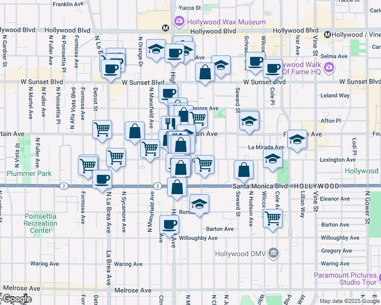map of restaurants, bars, coffee shops, grocery stores, and more near 1212 North McCadden Place in Los Angeles