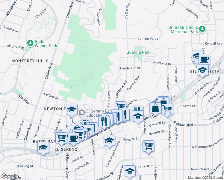 map of restaurants, bars, coffee shops, grocery stores, and more near 4140 Portola Avenue in Los Angeles
