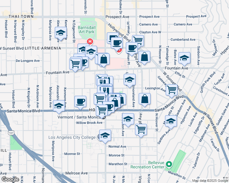 map of restaurants, bars, coffee shops, grocery stores, and more near 4611 Lexington Avenue in Los Angeles