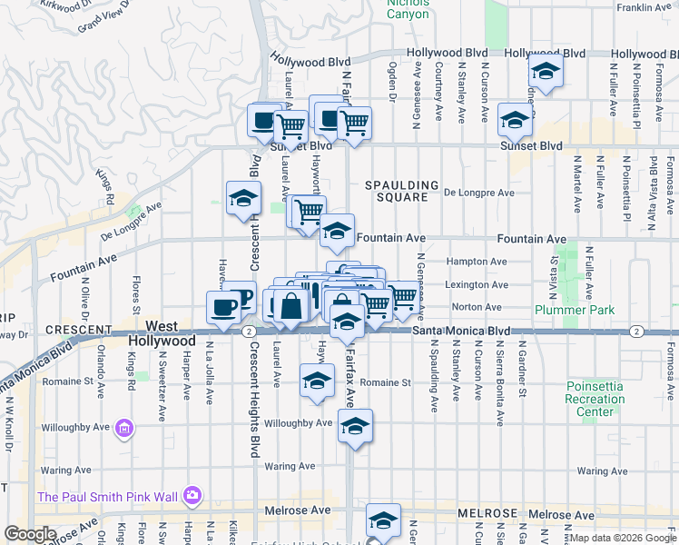 map of restaurants, bars, coffee shops, grocery stores, and more near 1265 North Fairfax Avenue in West Hollywood