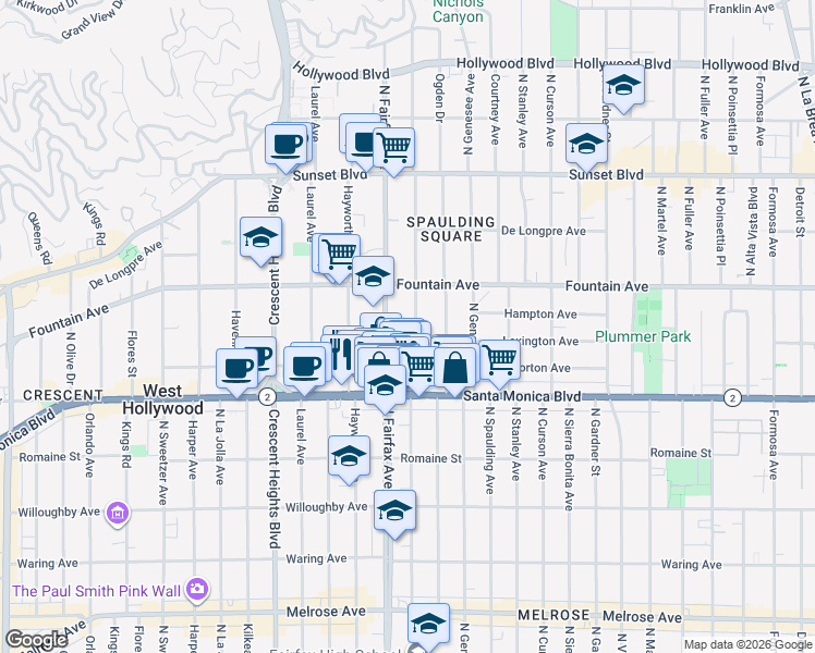 map of restaurants, bars, coffee shops, grocery stores, and more near 1221 North Orange Grove Avenue in West Hollywood