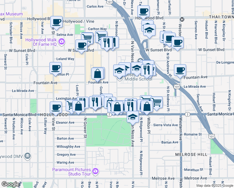 map of restaurants, bars, coffee shops, grocery stores, and more near North Bronson Avenue in Los Angeles