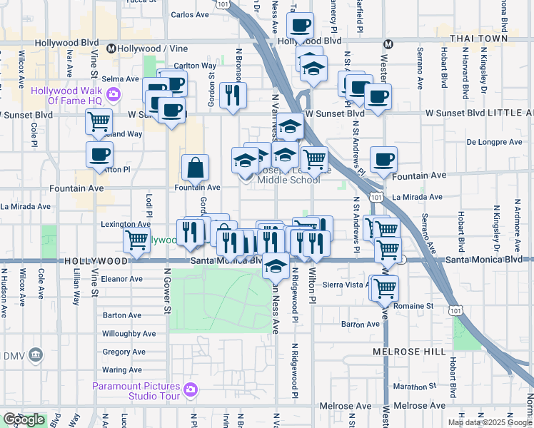 map of restaurants, bars, coffee shops, grocery stores, and more near 5830 La Mirada Avenue in Los Angeles