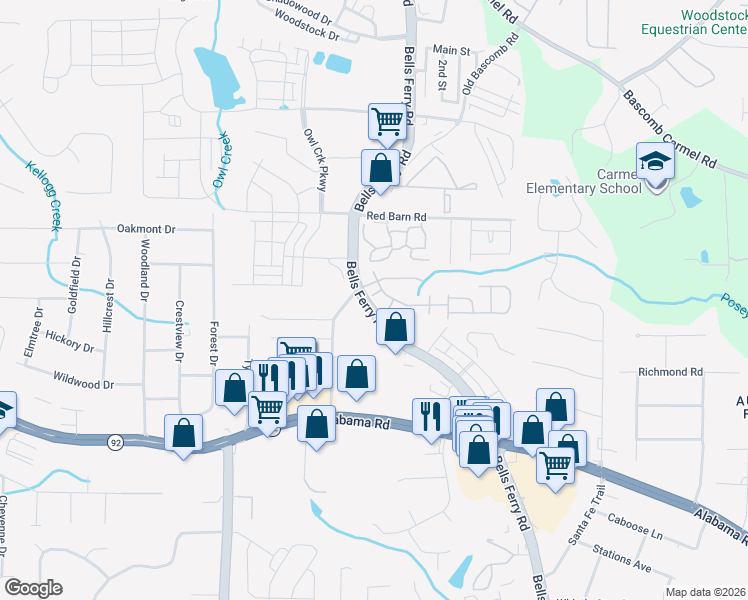 map of restaurants, bars, coffee shops, grocery stores, and more near 407 Paperbark Court in Acworth