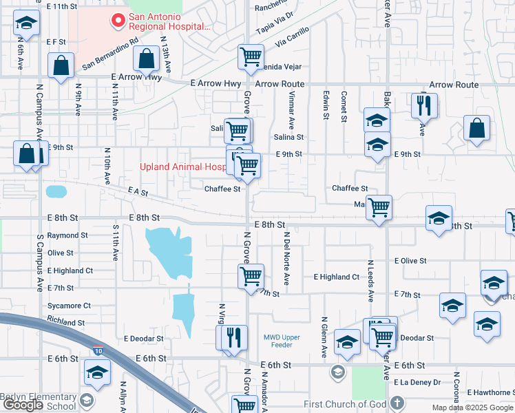 map of restaurants, bars, coffee shops, grocery stores, and more near 8837 Grove Avenue in Rancho Cucamonga