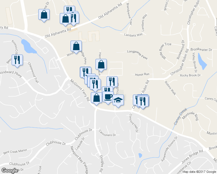 map of restaurants, bars, coffee shops, grocery stores, and more near 5345 Donehoo Court in Alpharetta
