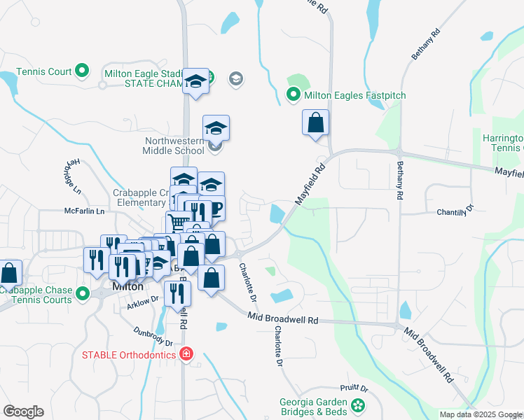 map of restaurants, bars, coffee shops, grocery stores, and more near 1004 Baldwin Drive in Alpharetta