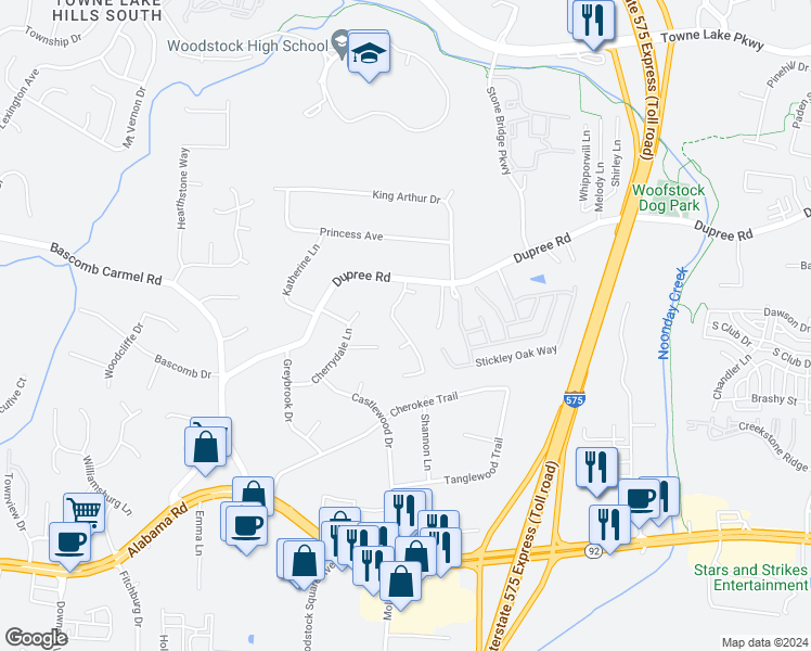 map of restaurants, bars, coffee shops, grocery stores, and more near 111 Lexington Parke Drive in Woodstock