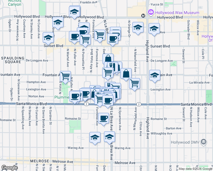 map of restaurants, bars, coffee shops, grocery stores, and more near 1216 North Detroit Street in West Hollywood