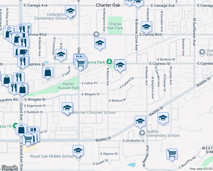 map of restaurants, bars, coffee shops, grocery stores, and more near 1480 East Colver Place in Covina