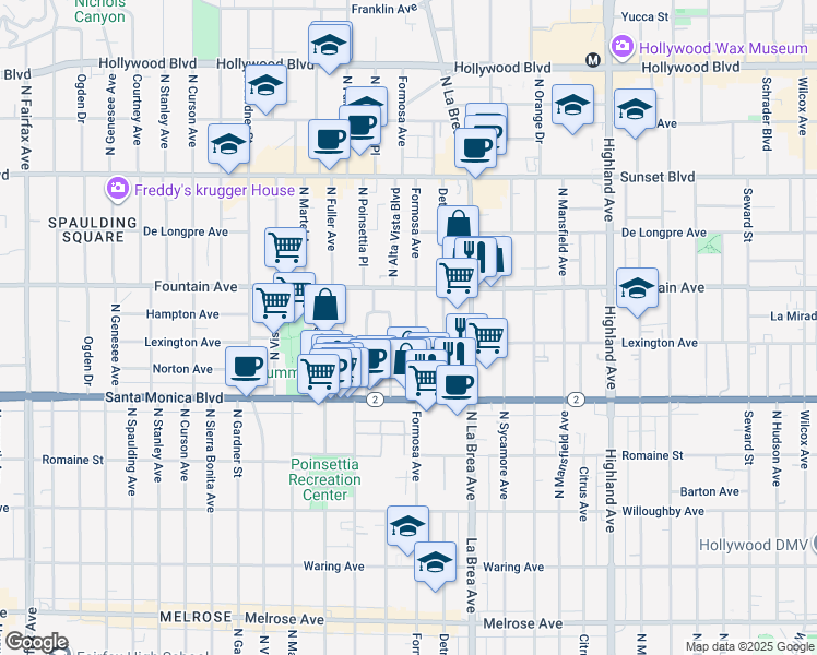 map of restaurants, bars, coffee shops, grocery stores, and more near 1217 North Formosa Avenue in West Hollywood