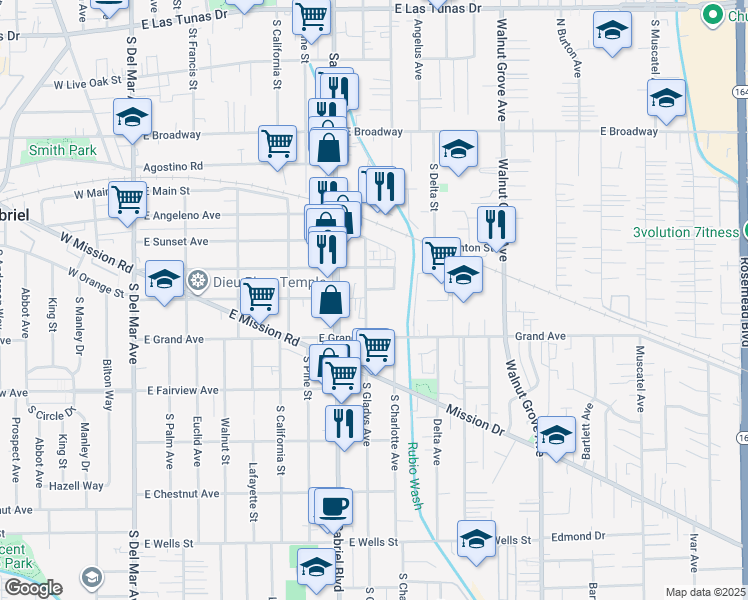 map of restaurants, bars, coffee shops, grocery stores, and more near 808 South Gladys Avenue in San Gabriel