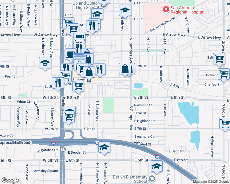 map of restaurants, bars, coffee shops, grocery stores, and more near 605 E 8th St in Upland