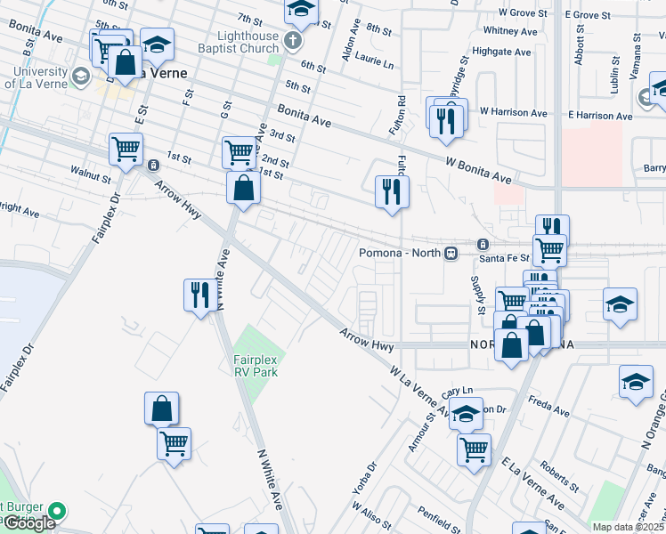 map of restaurants, bars, coffee shops, grocery stores, and more near in La Verne