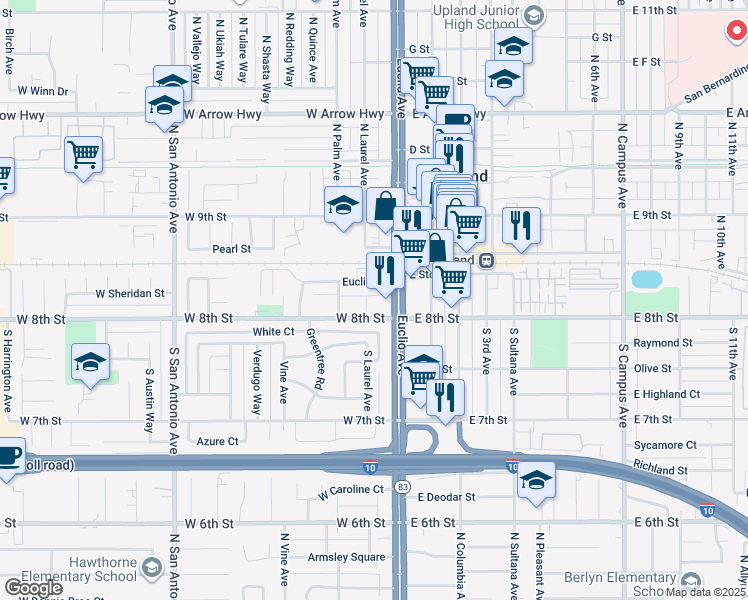 map of restaurants, bars, coffee shops, grocery stores, and more near 84 Euclid Place in Upland