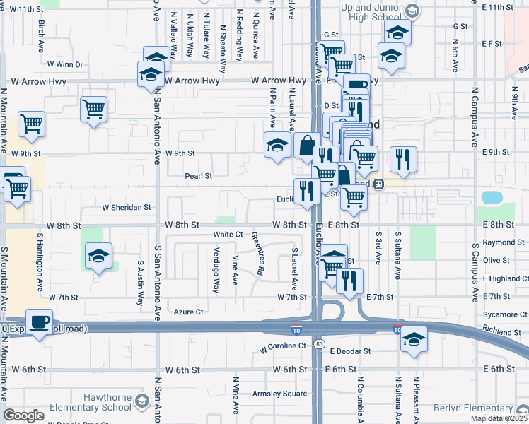map of restaurants, bars, coffee shops, grocery stores, and more near 157 South Palm Avenue in Upland