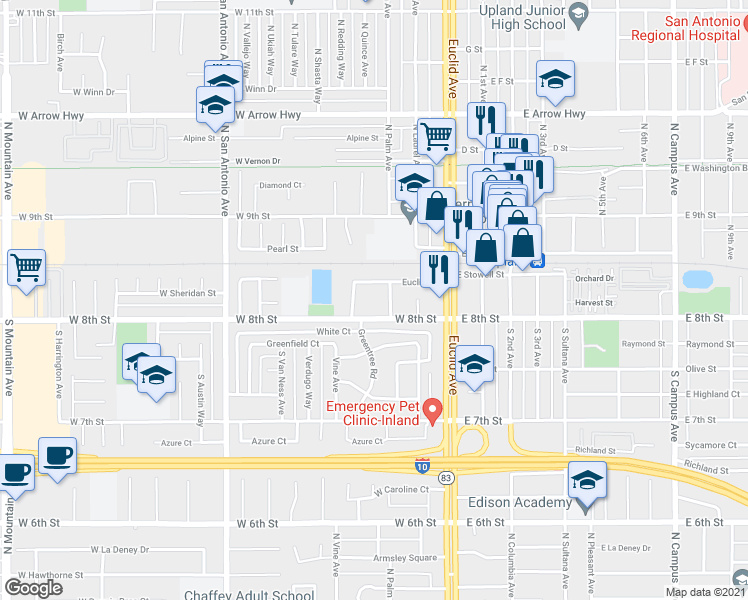 map of restaurants, bars, coffee shops, grocery stores, and more near 157 South Palm Avenue in Upland