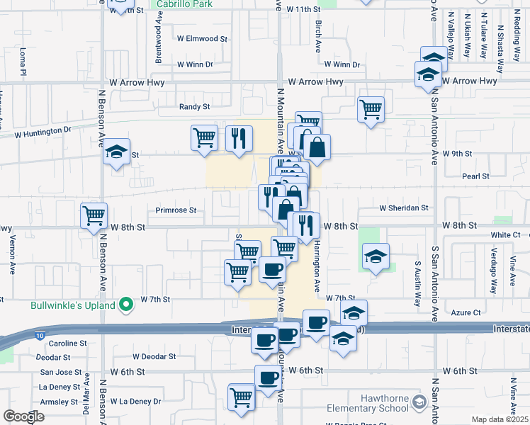 map of restaurants, bars, coffee shops, grocery stores, and more near 121 South Mountain Avenue in Upland