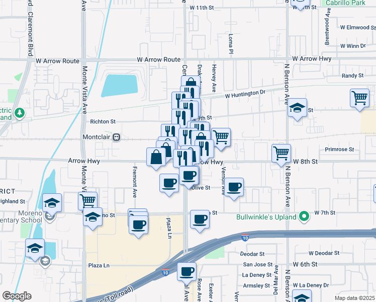 map of restaurants, bars, coffee shops, grocery stores, and more near 8790 Central Avenue in Montclair