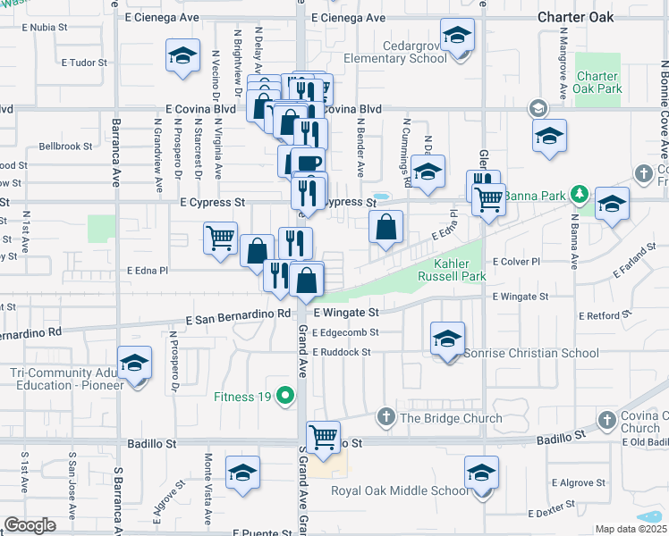 map of restaurants, bars, coffee shops, grocery stores, and more near 744 North Grand Avenue in Covina