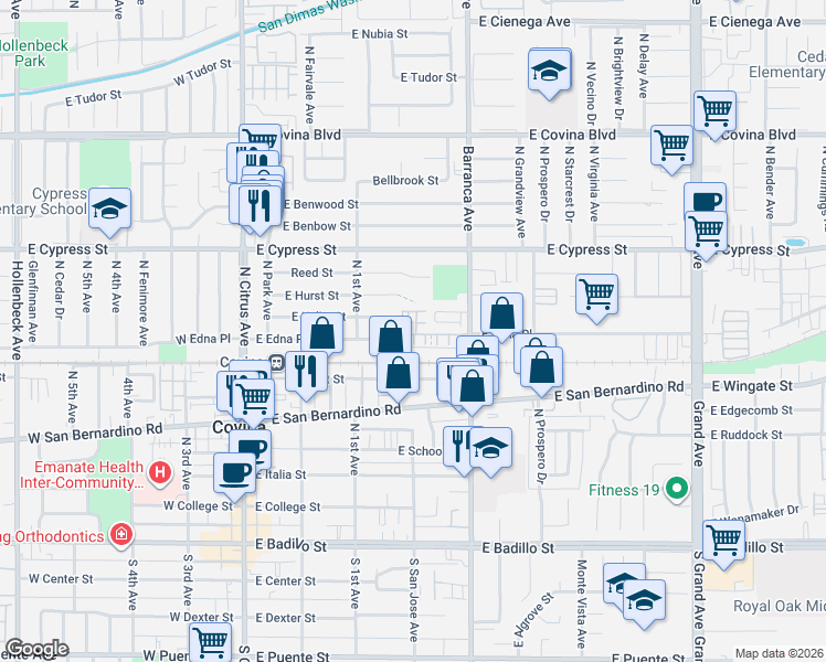 map of restaurants, bars, coffee shops, grocery stores, and more near 815 Barranca Avenue in Covina