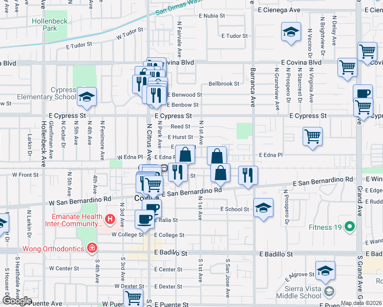 map of restaurants, bars, coffee shops, grocery stores, and more near 256 East Kelby Street in Covina