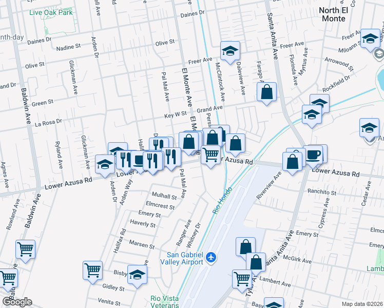 map of restaurants, bars, coffee shops, grocery stores, and more near 10649 Fairhall Street in Temple City
