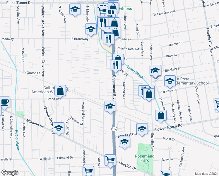 map of restaurants, bars, coffee shops, grocery stores, and more near in Temple City