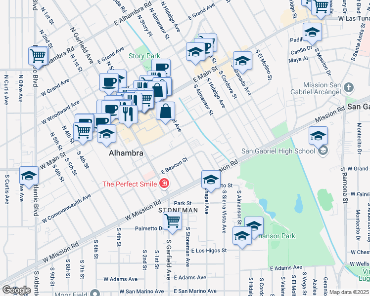 map of restaurants, bars, coffee shops, grocery stores, and more near 217 East Commonwealth Avenue in Alhambra