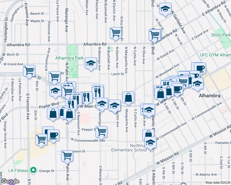 map of restaurants, bars, coffee shops, grocery stores, and more near 115 North Electric Avenue in Alhambra