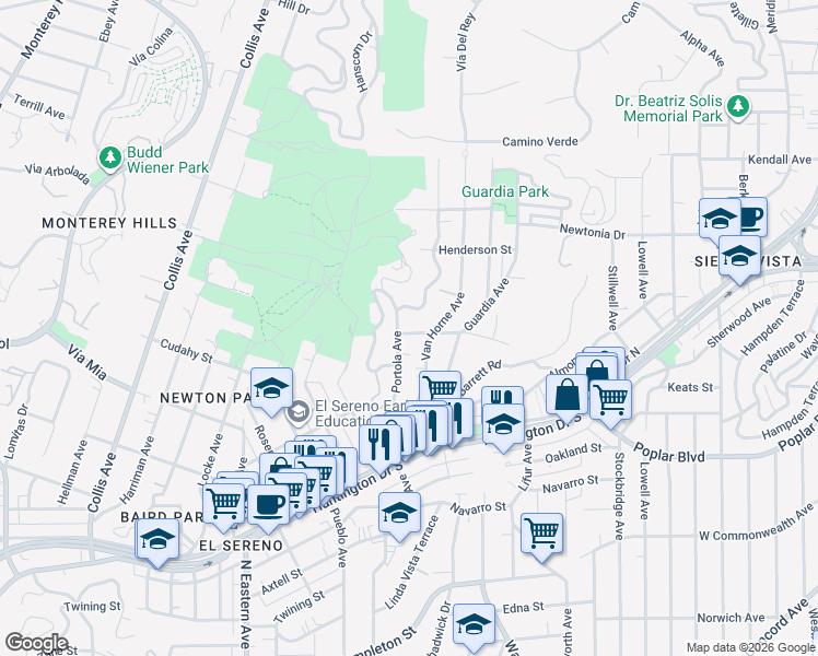 map of restaurants, bars, coffee shops, grocery stores, and more near 4140 Portola Avenue in Los Angeles