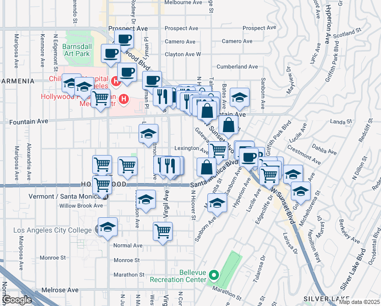 map of restaurants, bars, coffee shops, grocery stores, and more near 1203 North Commonwealth Avenue in Los Angeles