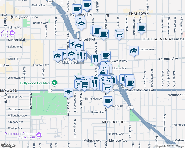 map of restaurants, bars, coffee shops, grocery stores, and more near 5602 La Mirada Avenue in Los Angeles
