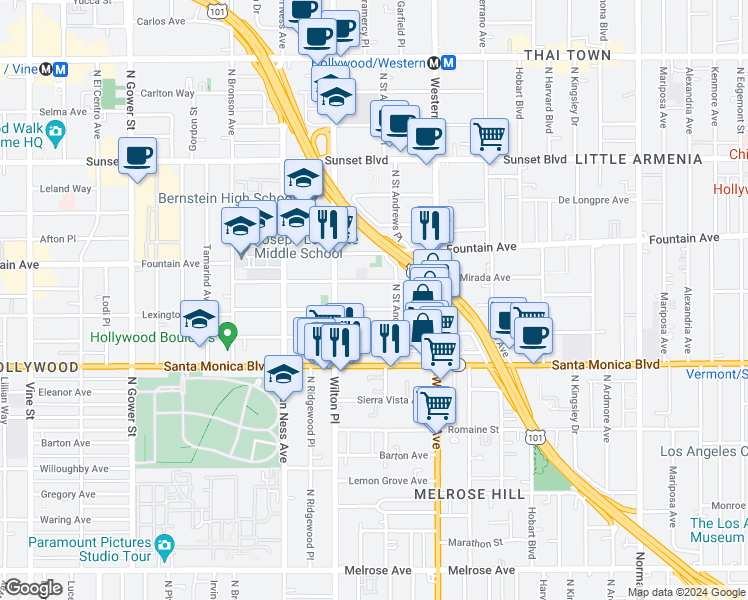 map of restaurants, bars, coffee shops, grocery stores, and more near 5642 La Mirada Avenue in Los Angeles