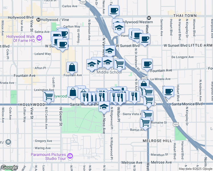 map of restaurants, bars, coffee shops, grocery stores, and more near 5752 La Mirada Avenue in Los Angeles