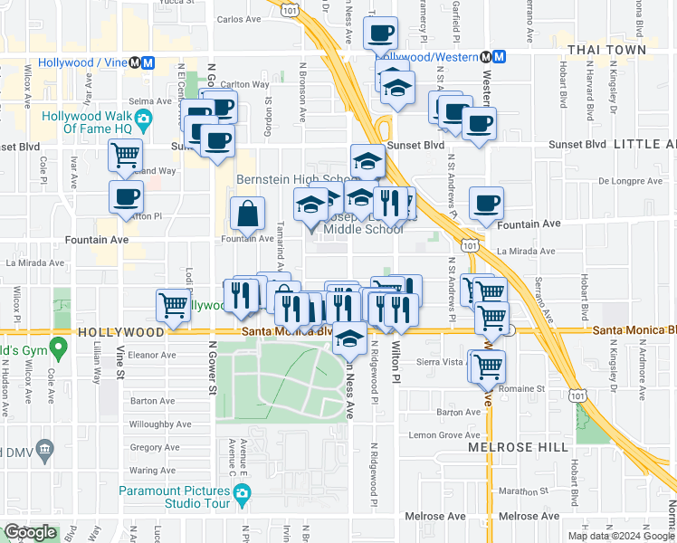 map of restaurants, bars, coffee shops, grocery stores, and more near 5830 La Mirada Avenue in Los Angeles