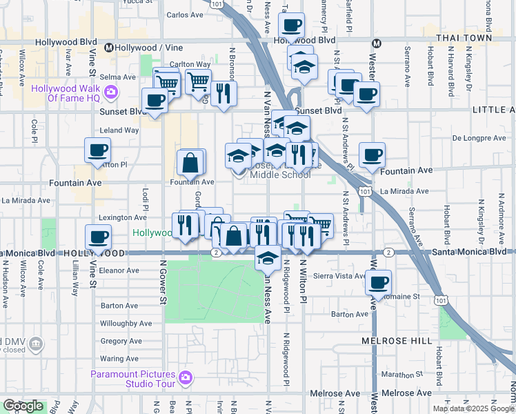 map of restaurants, bars, coffee shops, grocery stores, and more near 5830 La Mirada Avenue in Los Angeles
