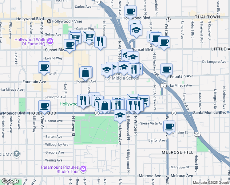 map of restaurants, bars, coffee shops, grocery stores, and more near 5830 La Mirada Avenue in Los Angeles