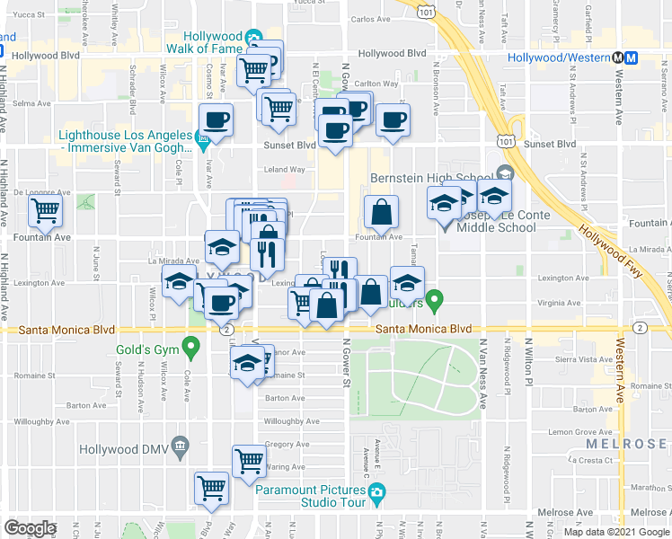 map of restaurants, bars, coffee shops, grocery stores, and more near 1232 Lodi Place in Los Angeles
