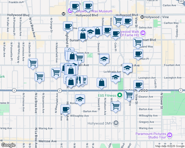 map of restaurants, bars, coffee shops, grocery stores, and more near 1234 North Cherokee Avenue in Los Angeles