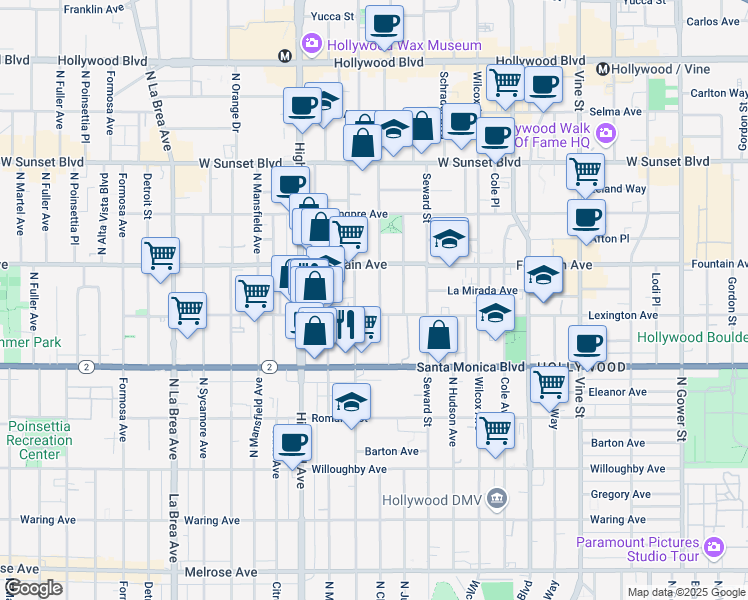 map of restaurants, bars, coffee shops, grocery stores, and more near 1234 North Cherokee Avenue in Los Angeles