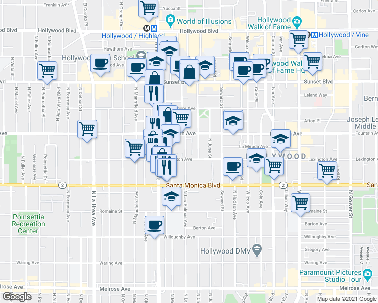 map of restaurants, bars, coffee shops, grocery stores, and more near 1231 North Las Palmas Avenue in Los Angeles