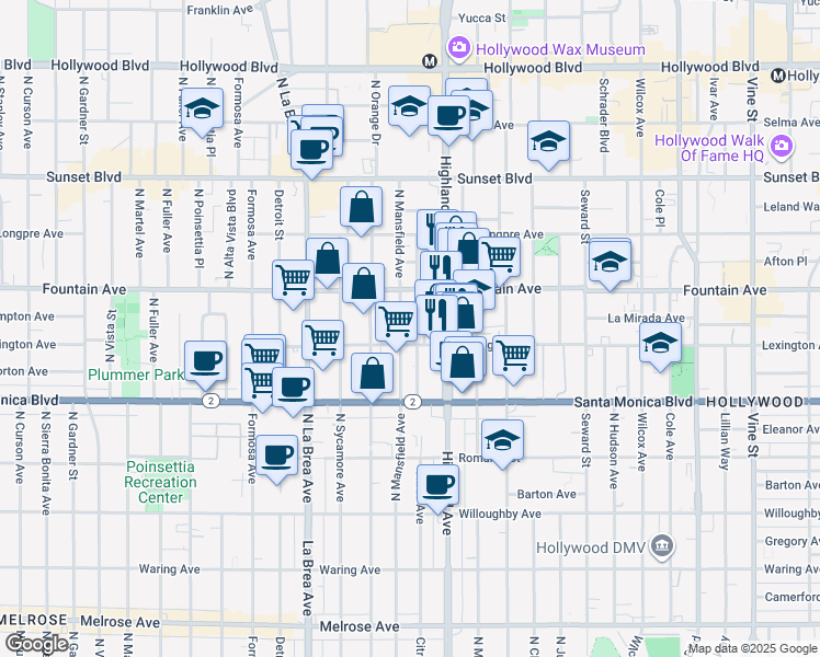 map of restaurants, bars, coffee shops, grocery stores, and more near 1229 North Citrus Avenue in Los Angeles