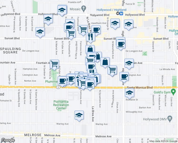 map of restaurants, bars, coffee shops, grocery stores, and more near 1231 North Detroit Street in West Hollywood